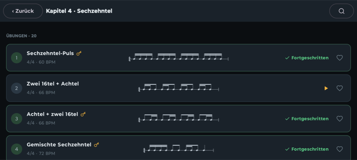 Kapitelansicht mit Übungsliste und Notationsvorschau je Zeile