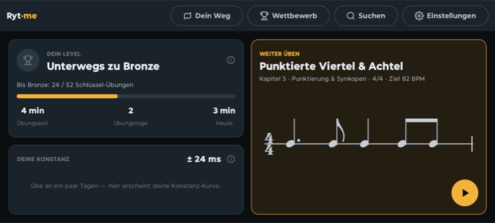Startseite mit Level-Karte, Konstanz-Karte und Weiter-üben-Karte