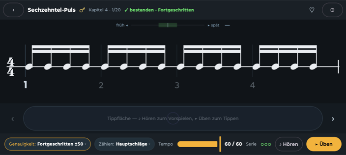 Übungs-Player mit Notation, Tendenz-Waage, Tippfläche und Bedienleiste