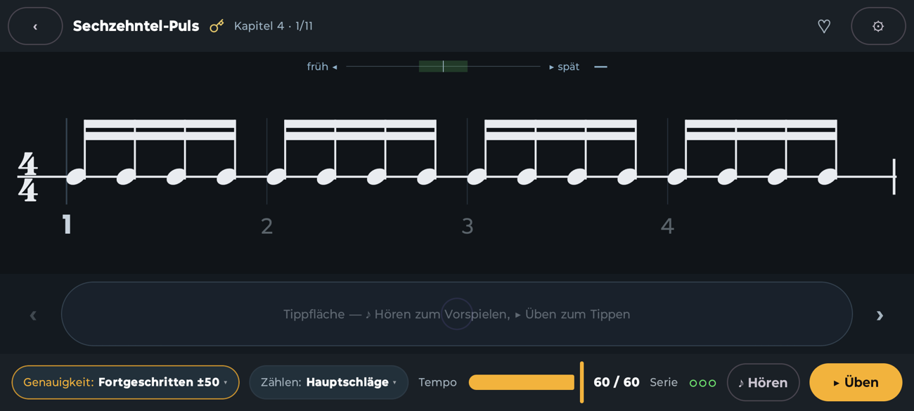 Practice player with notation, beat numbers and tendency display